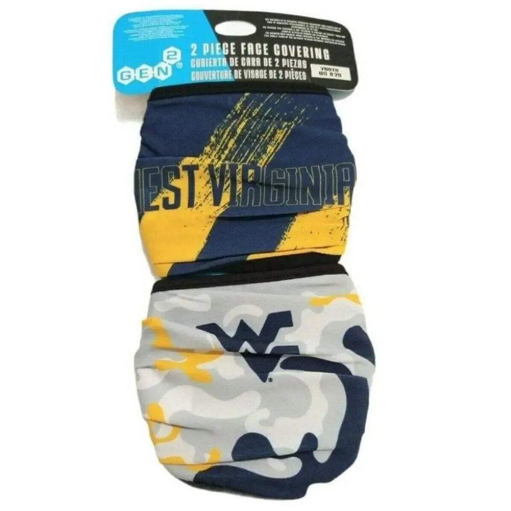 West Virginia University 2pc Fabric Face Cover Face Mask Blue & Gold Youth 8-20